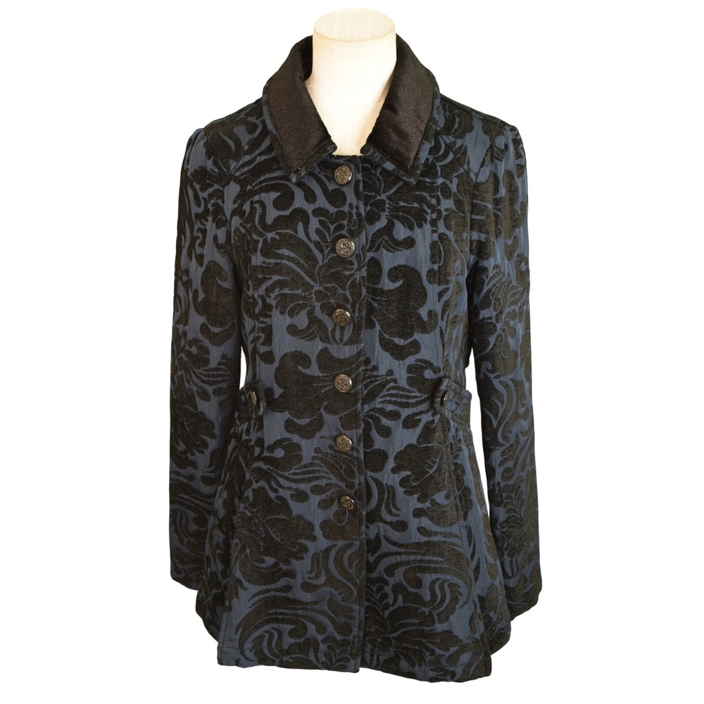 Free People Damask Flocked Velvet Coat 8 Blue Black Victorian Button Jacket